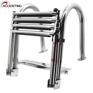 【Load 200 kg with Non-Slip Steps】Stainless Steel Swimming Pool Ladder 4 Steps Foldable Boat Swim Ladder for Swimming Pool/Deck/Boat with Handrail