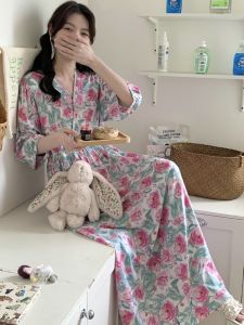 Long-Sleeve Cotton Lyocell Sleepwear Dress for Women High Waist Ankle-Length Short Sleeve Floral Pattern Sweet Style