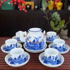 Bộ Ấm Pha Trà Men Lam Nắp Lõm Bát Tràng Trúc Lâm Thất Hiền - Ấm Quai Đồng Dung Tích 390ML