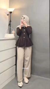 One Set Korean Style | Outfit Hangout | Davina Blouse + Celana + Jilbab Bella | Setelan - BU103N