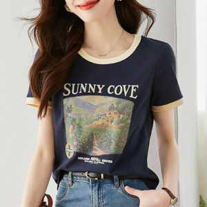 French Style High-end Round Neck Printed Cotton T-shirt