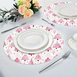 VIKAMA 4PCS Christmas Placemats Pink Christmas Tree Round Placemats Christmas Table Decor Winter Placemats