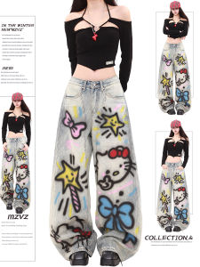 MZVZ Cartoon KT Cat Graffiti Wide Leg Jeans Womens Loose Fit Casual High Waist Denim Pants Autumn 2025 New Design Sense