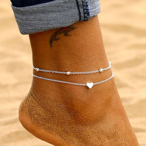 Bohemian Double Layered Heart Anklet Simple Love Design Summer Beach Foot Ankle Bracelet & Leg Chain for Women