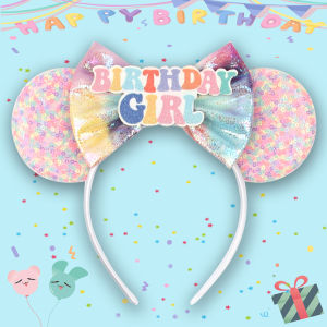 Girls Happy Birthday Minnie Mouse Ears Headbands Disney Mouse Ears Cartoon Sequin 5Bow Hairband Kid Party DIY Hair Accessories