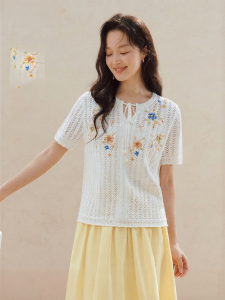 INMAN | Cool Silk Embroidered Lace-up Short Sleeve Blouse