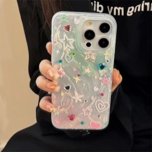 Korean Colorful stars Diamond Stickers Phone Case For iPhone 17 Air 16 11 13 14 12 15 Pro Max With Chain Shockproof Hard Cover
