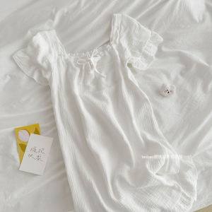 Pure Cotton Double-Layer Muslin Summer Sleepwear for Women Prince-Style White Long Dress Home Clothes Casual Style