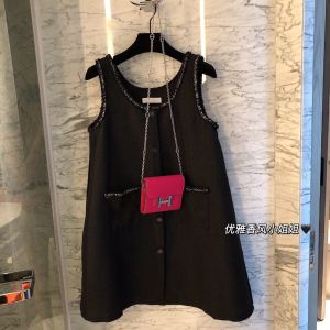 French Style Summer New Loose Slim A-Line Dress Womens Knitted Coarse Tweed Vest Dress Short round Neck No Sleeve Pure Color