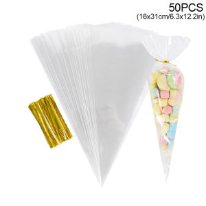 50Pcs Clear Cone Transprant Plastic Candy Bag Food Snack Popcorn Packing Gifts Bags Wedding Birthday Party Decoration Supplies