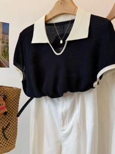 Shalldoer | Chic Collared Color Block Thin Knitwear Womens Summer New Style Slimming Short Sleeve Flip Collar Overhead Top Clean Fit Brand