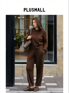 Soft Warm Wool Blend Fishbone Waist-Accentuating Hoodie with Drawstring and Straight Pants Set
