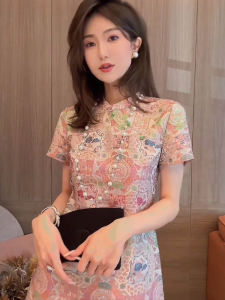 QFN | Elegant Premium Blue Floral Print Cheongsam Style Dress