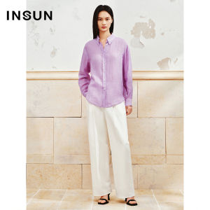 Insun Summer Shirt Lightweight Flax Long Sleeve Pink Purple Womens Business Casual Straight Cut Button up Classic Style
