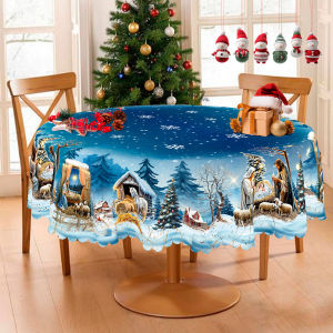 1 Piece Starry Sky Snowflake Christmas Printed Polyester Tablecloth + 4 Self-Adhesive Stickers Nativity Scene Pattern Embossed Edges Suitable for Home Kitchen Living Room Dining Table Balcony Coffee Table Holiday Party Holiday Table Decoration Ta...