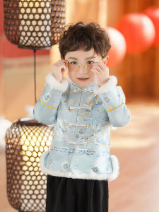 New Year Celebration Outfit Set Thickened Cotton Childrens Tang Suit Baby New Year Clothes Winter Warm Polyester Fabric Boys Traditional Costume