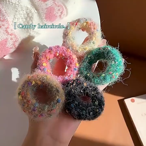 Ikat Rambut Donat Wanita Colorful Karet Rambut Bulu Motif Polkadot Fashion Aksesoris HG KCR28