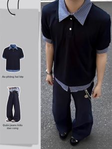 Plaid Polo Short Sleeve Set Men Two-Piece Fake Style Edgy
