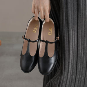 round Toe Thick Heel Single Shoes Womens Genuine Leather Spring New Brown Crossband Simple Artistic Retro Style High Heels