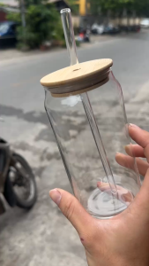 Cốc thủy tinh ly dáng lon kèm nắp gỗ tre và ống hút decor dung tích 500ml uống trà sữa cà phê