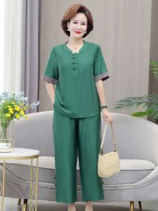 Loose Cotton Linen Short Sleeve T-Shirt Set for Women Summer New Style plus Size Mom Nine-Piece Pants Two-Piece Set V-Neck Pullover