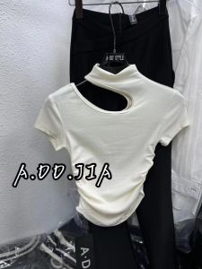 Áo Thun Nữ Tay Ngắn Cổ Cao Khoét Sâu Dáng Ôm Vừa Vặn Mùa Hè 2025 Phong Cách Hàn Quốc Thiết Kế Khóa Kéo Cotton 70%