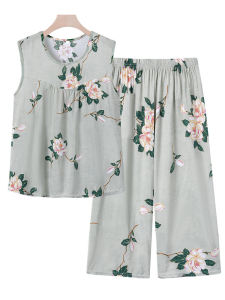 Elderly Women Summer Cotton Silk Sleeveless Vest Sleepwear Home Clothes Set round Neck Loose Fit Thin Material Ethnic Style