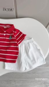 Set bộ tay ngắn bộ polo sọc thêu gấu kèm quần short trắng cho bé trai size 1 tới 7 tuổi BERNIE KIDS