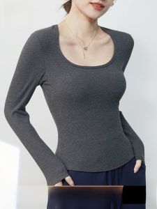 MiiOW | Áo sơ mi nữ dài tay ôm vừa vặn cổ chữ U có đệm ngực Áo lót giữ nhiệt màu xám mùa thu đông xuân mới về