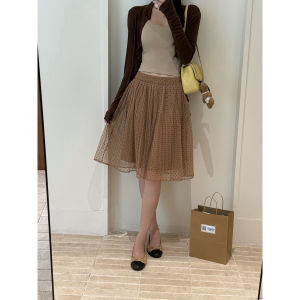 A-line Mid-length High-waist Polka Dot French Mesh Skirt
