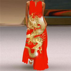 Fashionable Womens Long Dress 2024 Summer Season V-neck Sleeveless Pocket Design Plaid Print Casual Style Polyester Fiber