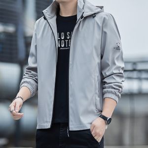 ROMON | Lormen Mens Spring Autumn Hooded Jacket Casual Fashion Windproof Workwear Loose Fit Zipper Closure Standard Size Polyester Fiber