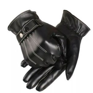 Men Touch Screen Gloves Black Button Warm Mittens Luxurious PU Leather Driving