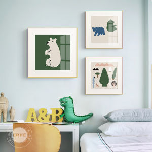 Nordic Style Forest Animal Childrens Room Wall Decorative Painting Green Rabbit Cartoon Bedside Wall Art Metal Framed Oil Canvas