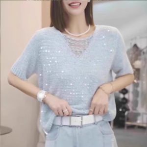 BINKAFENNY | Plus Size Knitted Short Sleeve T-Shirt Women Summer Loose Thin Style Fashionable Bright Sequin Design Breathable Casual Top