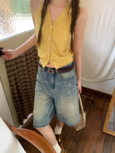 NIHAOKANONG | Quần Short Jean Phong Cách Retro Cao Waist Dáng Suông Rộng