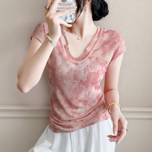 Yimei 2025 cổ tròn mới thun co giãn thanh lịch áo hồng thời trang ôm vừa nhăn handmade Nail Bead không tay cho xu hướng thời trang nữ