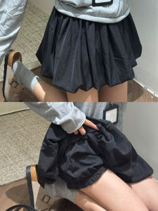 Black Puffy Flower Bud Short Skirt Womens High Waist Loose Slim A-Line Lantern Pants Small Size Anti-Light Half Skirt