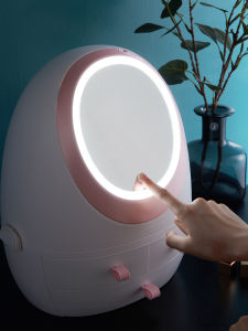 กล่องเก็บเครื่องสำอางแบบพกพาพร้อมกระจกและสวิตช์ไฟ LED แบบลิ้นจี่สำหรับผู้หญิง กล่องใส่เครื่องสำอางแบบป้องกันฝุ่น