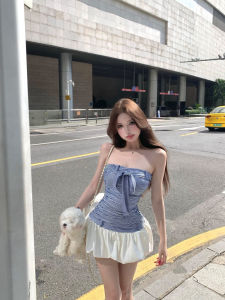 Kumikumi Spicy Girl Stripe Tie Waist Strapless Dress Women Summer Slimming Flared Short Skirt Korean Style Bicolor Halter Dress
