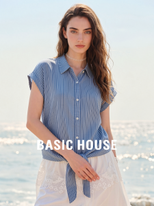 Basic House | Tencel Striped Polo Collar Summer Office-friendly Tie Flounce Shirt