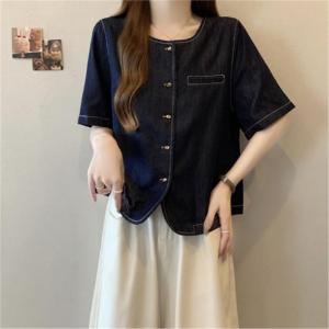 PAZHAOLANG | Plus Size 300 lbs French Retro Single Button Denim Shirt Summer Versatile Round Neck Short Sleeve