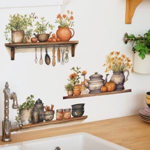 Removable PVC Kitchen Wall Stickers Green Herb and Utensil Decals for Dining Restaurant Baking Room Bar Cafe Art Decor​