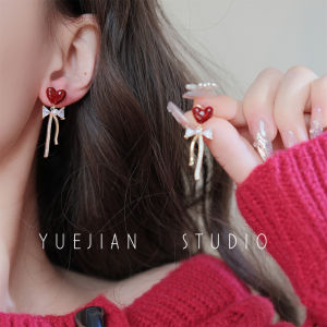 Elegant Red Heart Butterfly Knot Diamond Embedded Ear Cuff Womens Fashion Jewelry Sweet Style Alloy Silver Gold Plated Ear Studs