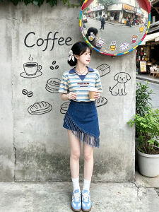 XUECAIQI | Striped Notch Collar Short Sleeve T-Shirt High Waist Fringe Asymmetrical Jeans Skirt Set