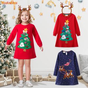 Rolanko Girls Christmas Dress Kids Red Blue Long Sleeves Elk Deer Costume Birthday Daily Wear 2-7 Years
