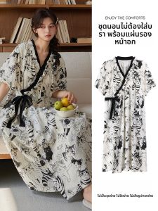 Miiow | Cat Woman Summer Long Sleeve Sleep Robe Short Sleeve Womens Kimono Nightgown Built-in Bra Pad Outdoor Wearable Sleepwear