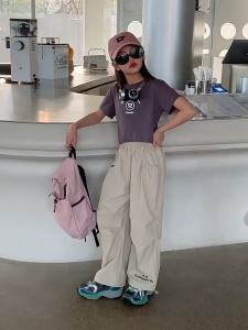 BALALE Cargo Setelan Baju Anak Perempuan Usia 3-9+ Tahun Berbahan Katun Kaos + Baggy Celana Panjang