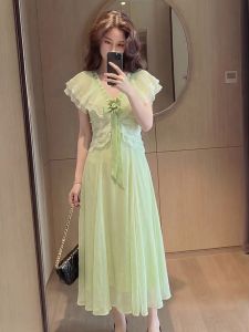 YIKEMAI | French Style Green Bow Dress for Plus Size Slimming Summer Wear