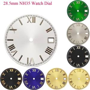 Menex 28.5mm Watch Dial Roman Numeral Date Window Silver Green Black Blue Gold Face for NH35 NH36 Movement Watch Parts